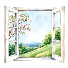 Window with a view of a green hillside and a tree