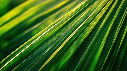 Fototapeta premium Green Leaf Texture: A vibrant close-up of a palm leaf, showcasing the intricate details of nature's design. Sunlight dances through the delicate, parallel veins.