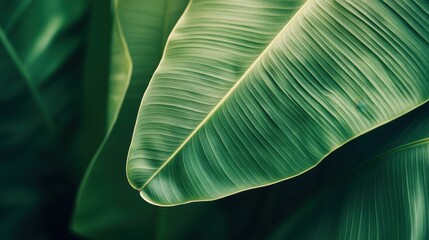 Tropical Leaf Texture: Lush, vibrant green banana leaves exhibiting intricate vein patterns, creating a striking textural backdrop.