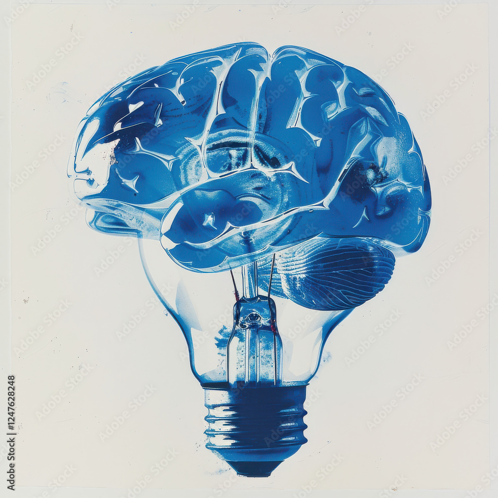 Poster brain shaped lightbulb cyanotype art symbolizes creativity and innovation. this unique design merges