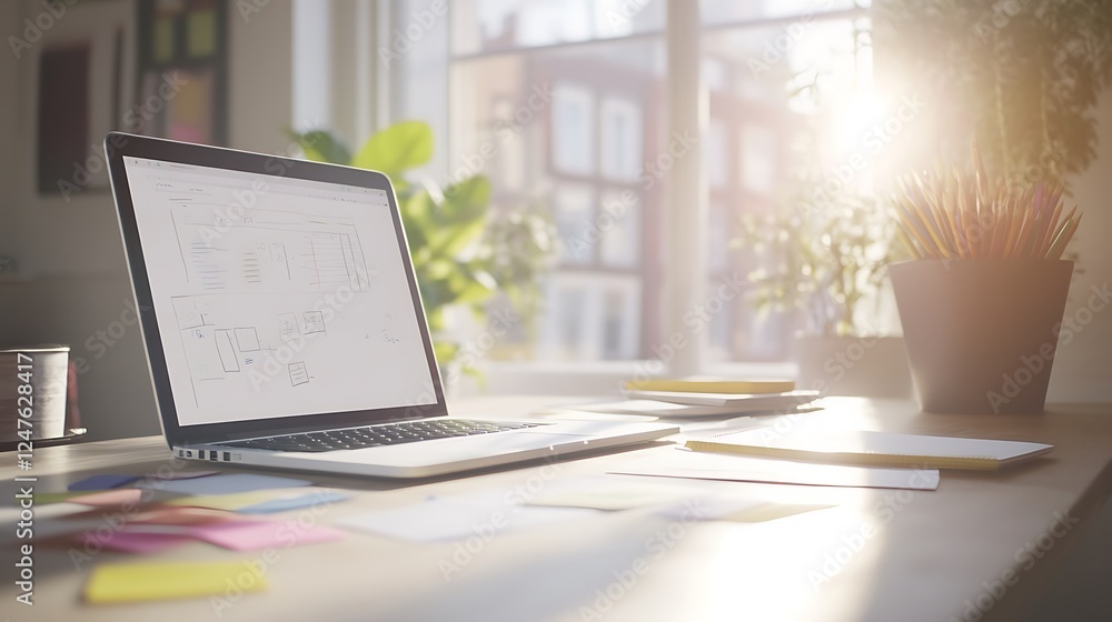 Poster a vibrant workspace featuring scattered sticky notes, perfect for creativity and organization themes
