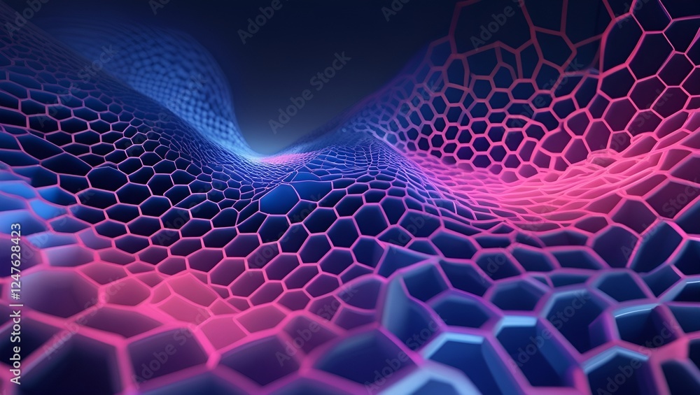 Poster abstract hexagonal network gradient wave background with pink and blue hues