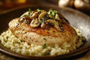 Chicken breast served over creamy risotto and mushroom topping