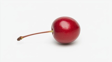 A single red cherry rests on a plain background, showcasing its glossy skin and slender stem, representing freshness and natural beauty.