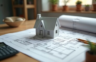 House plans spread out on table. Small model house sits on top of architectural drawings. Layout plans, building permits, structural work displayed. Photo shows planning, construction industry