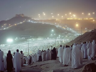 Pilgrims at Mount Arafat during Hajj Season at night, Mecca, Saudi Arabia