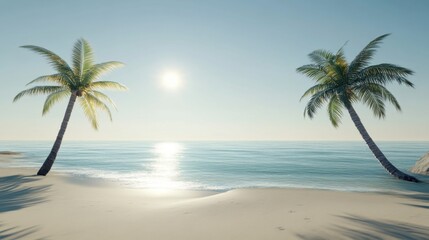 Obraz premium tropical beach paradise with two palm trees at sunset