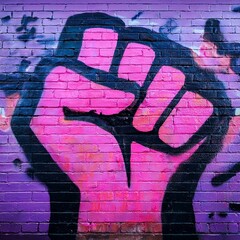 A bold feminist graffiti mural featuring a clenched fist in vibrant pink and purple tones on a textured urban brick wall, symbolizing resistance and empowerment