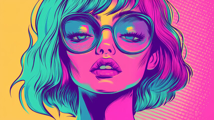 Captivating anime inspired character in vintage poster style with vibrant magenta and cyan hues. Archetypal Characters. Illustration