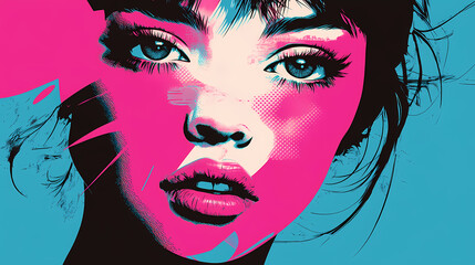 Captivating anime inspired character in vintage poster style with vibrant magenta and cyan hues. Archetypal Characters. Illustration