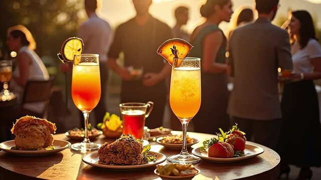 Evening Social: Festive gathering with cocktails, snacks, and engaging conversations, bathed in the warm glow of the setting sun. 