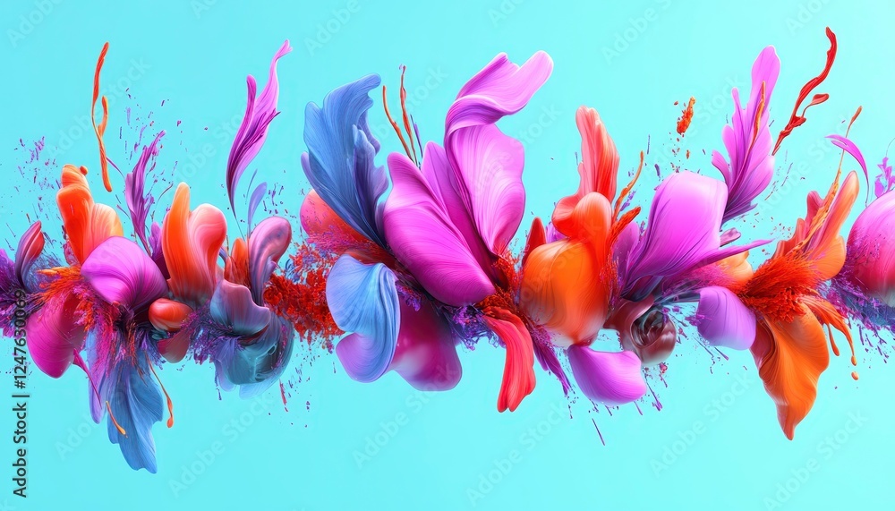 Poster abstract colorful flower shapes with vibrant colors and splashes in motion on a light blue backgroun