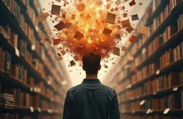 Young person stands library overwhelmed info overload. Books explode head. Info explosion media. Data overload. Information overload. Huge amount knowledge. Digital age challenges. Mental health.