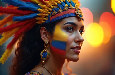 Woman in traditional Colombian attire celebrates independence. Colorful headdress, painted face showcase national pride. Beautiful model represents national culture, freedom. Festive atmosphere.