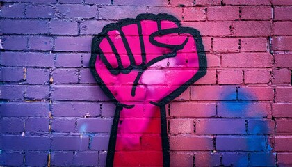 A bold feminist graffiti mural featuring a clenched fist in vibrant pink and purple tones on a textured urban brick wall, symbolizing resistance and empowerment.