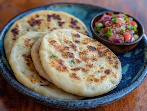 Pupusas stacked on a blue plate with Curtido salsa, El Salvador cuisine