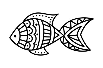 Linear hand drawn cartoon fish isolated on white. Coloring page for kids