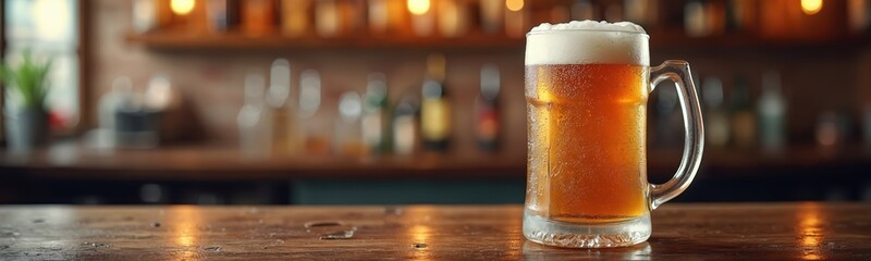 Frosty amber ale in mug sits invitingly on rustic wooden bar counter. Warm pub lights softly illuminate background. Cool drink perfect for relaxed evening at traditional pub. Perfect chill