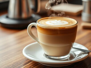 Close up of pouring milk into hot coffee in grey cup on table, wake up, beverage, caffeine