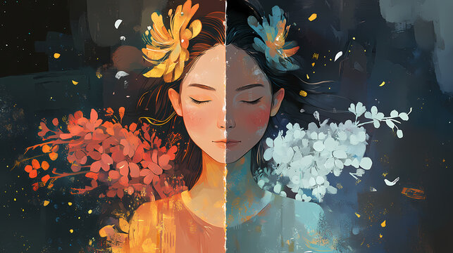 Illustration of a proud archetypal woman split down the middle. Archetypal Characters. Illustration