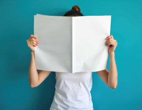 Woman stands in studio holding large blank newspaper in front of face. Casual fashion style. Casual attire. Reading news. Hiding face. Simple portrait. Studio shot. Modern media. Information. Person.