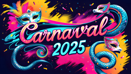 Fototapeta premium Colorful Carnival 2025 banner with venetian masks and Serpents 