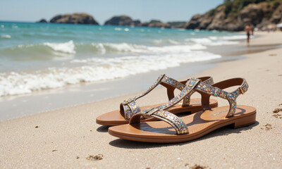 Obraz premium Luxury Beach Footwear A pair of designer sandals with shimmering metallic straps sit on a pristine beach, the soft sand and glistening ocean