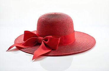 Stylish red straw hat with large red ribbon bow. Isolated on white background. Elegant summer accessory. Perfect for vacation beach. Beautiful design. Vintage style hat. Woman headwear. Ideal for
