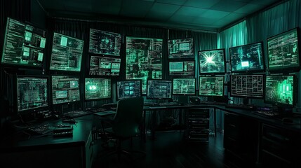 A room filled with multiple computer monitors displaying lines of green code and data