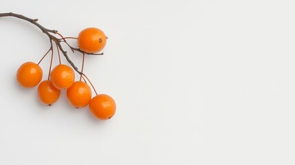 A branch with vibrant orange fruit against a minimalistic white background, showcasing natural beauty and simplicity.
