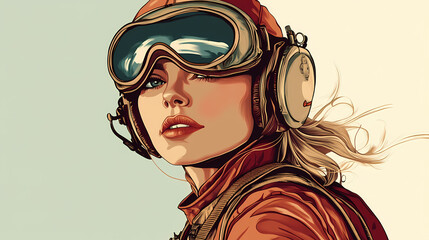 Vintage female pilot posing with aviation gear. Archetypal Characters. Illustration