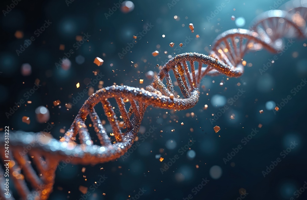 Poster artistic representation of dna strand breaking into molecular fragments. visualizes info flow within