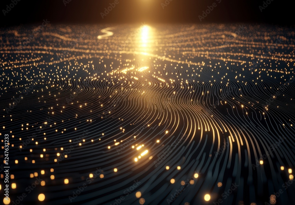 Poster abstract digital landscape with glowing golden particles and dark background, showing dynamic waves 