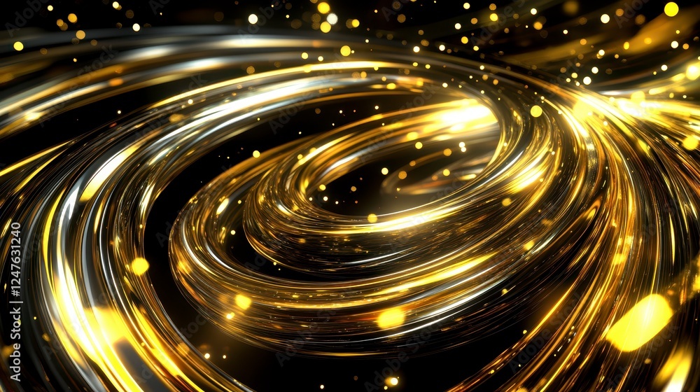 Poster abstract swirling golden lines and particles on a dark background, creating a dynamic and futuristic