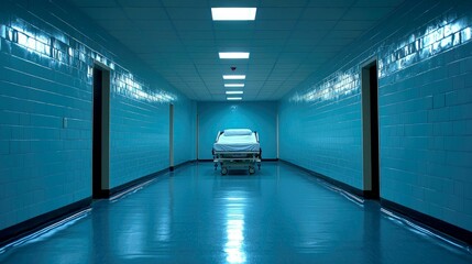 Fototapeta premium Eerie Serenity: A Hospital Corridor's Stillness. Blue walls, gleaming floors, and a solitary bed evoke a sense of calm reflection and quiet solitude in this medical building's interior.