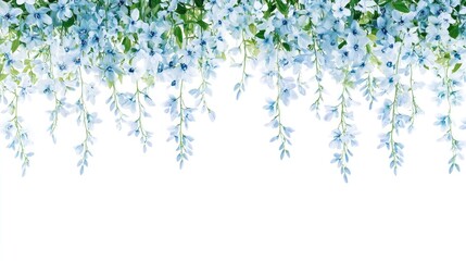 A delicate arrangement of blue flowers and green leaves, creating a serene backdrop.