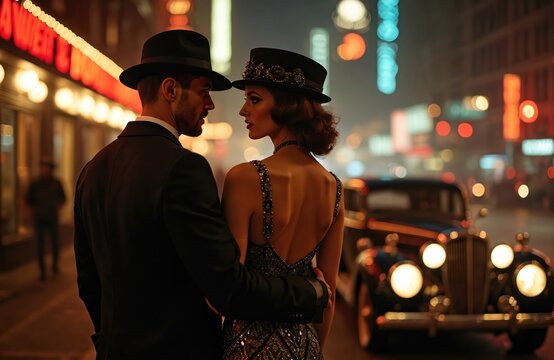 Elegant couple at night in city. Stylish attire, retro style. Stand close in front of vintage car. Nightlife scene suggests party social gathering. Glamorous, fashionable moment in 1920s 1930s.
