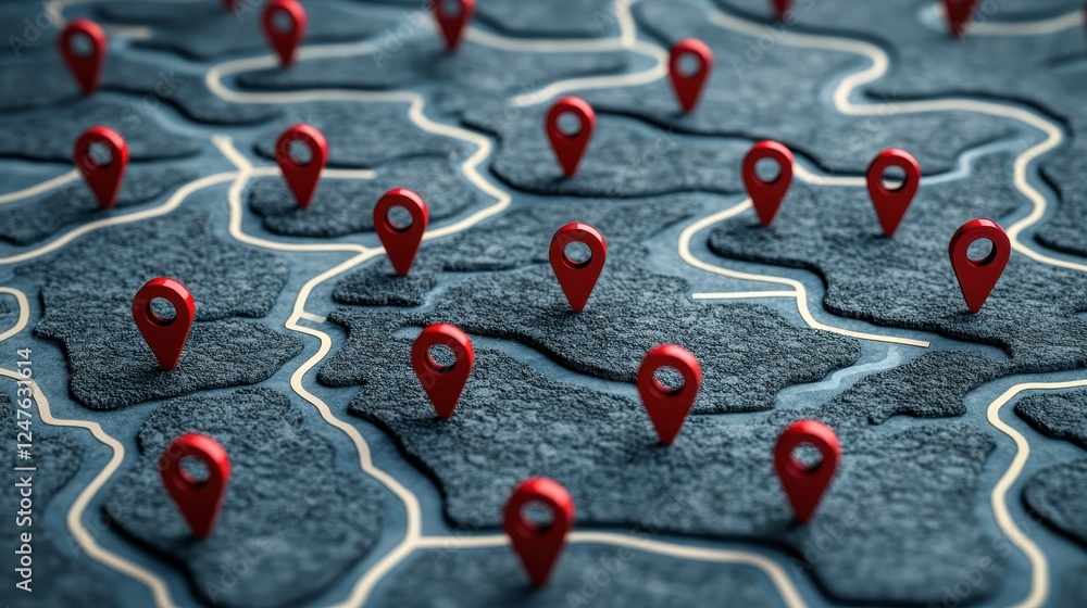 Poster abstract map with numerous red pushpins on a textured dark gray surface