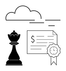 Chess king, certificate with dollar sign and ribbon, and a cloud above. Ideal for themes of strategy, achievement, success, planning, financial success leadership goal-setting. Minimalist abstract