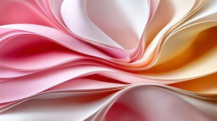 Fototapeta premium Closeup view of overlapping sheets of multicolored paper, creating a textured, swirling pattern of pinks, oranges, and whites. The paper has a
