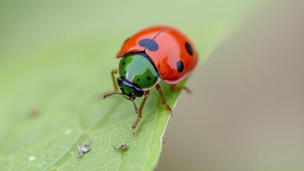 Naklejka premium Details of a vibrant red ladybug crawling on a green leaf, insect, outdoors, ladybug