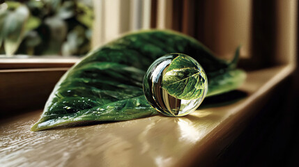 Reflection of greenery captured in a glass orb resting on a vibrant leaf by a window during daylight hours