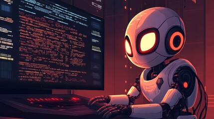 Robot character using automation marketing tools, answering questions through AI search technology, and assisting with coding in an artificial intelligence business concept set.