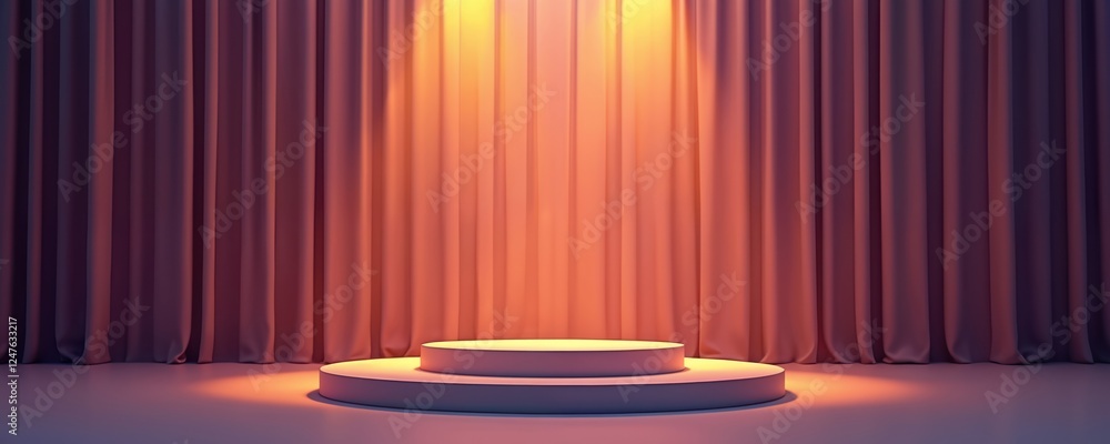 Poster empty round podium illuminated with orange, purple lights on stage with curtains. stylish presentati