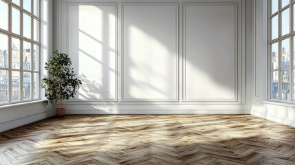 Sunlit Modern Interior: Elegant Room Design with Herringbone Wooden Floor and Large Windows