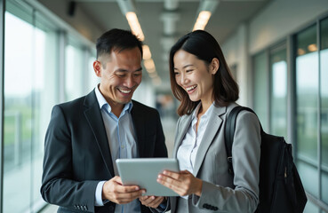 Two happy Asian business people looking at tablet. In office hallway. Smiling, discussing something. Seems to corporate meeting project discussion in progress. Image captures collaborative moment in