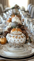 Elegant Thanksgiving table setting with gold and white decor.
