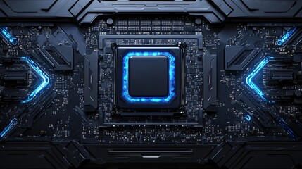 Sci-Fi Motherboard with Floating Glossy AI Chip, Electric Blue Circuits, and High-Tech Components. Copy space. Generative AI