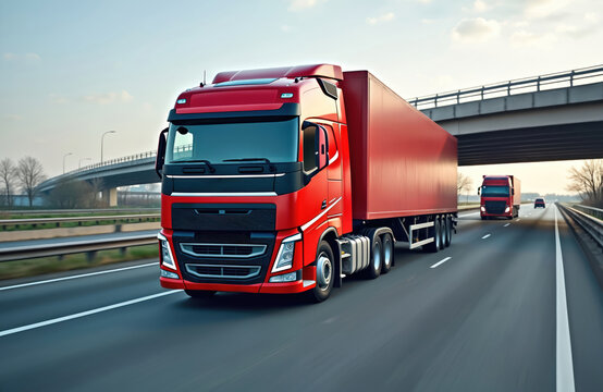 Large red haulage vehicle travels on highway. Modern truck carries goods. Road transport in motion. Highway scene under bridge. Daytime view. Bright sunny day. Transportation concept. Delivery of