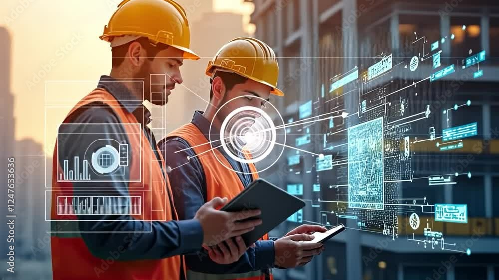 Poster building innovation: two construction workers are deep in discussion, utilizing technology to overse